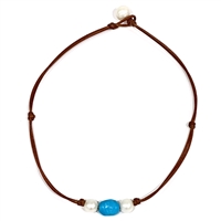 photo of Wendy Mignot Freshwater Pearl and Leather with Turquoise Necklace with knots