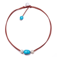 photo of Wendy Mignot Versatile Freshwater Pearl and Leather Necklace with Turquoise, Limited Edition 