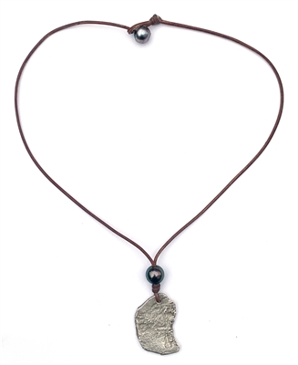 Fine Pearls and Leather Jewelry by Designer Wendy Mignot Concepcion Silver Shipwreck Coin, Tahitian Pearl Saba Necklace 18"