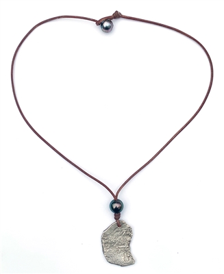 Fine Pearls and Leather Jewelry by Designer Wendy Mignot Concepcion Silver Shipwreck Coin, Tahitian Pearl Saba Necklace 16"