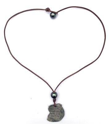Fine Pearls and Leather Jewelry by Designer Wendy Mignot Concepcion Silver Shipwreck Coin, Tahitian Pearl Saba Necklace 20"