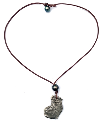 Fine Pearls and Leather Jewelry by Designer Wendy Mignot Concepcion Silver Shipwreck Coin, Tahitian Pearl Saba Necklace 20"