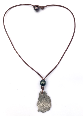 Fine Pearls and Leather Jewelry by Designer Wendy Mignot Concepcion Silver Shipwreck Coin, Tahitian Pearl Saba Necklace 18"