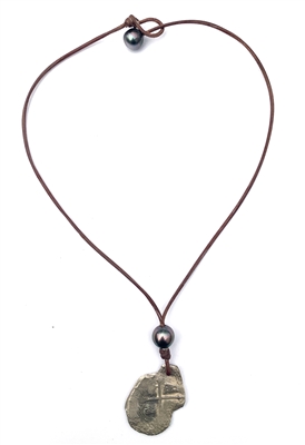 photo of Wendy Mignot Concepcion Silver Shipwreck Coin, Tahitian Pearl and Leather Saba Necklace 18"