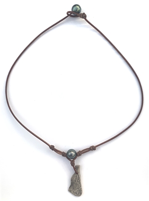 Fine Pearls and Leather Jewelry by Designer Wendy Mignot Concepcion Silver Shipwreck Coin, Tahitian Pearl Saba Necklace 18"