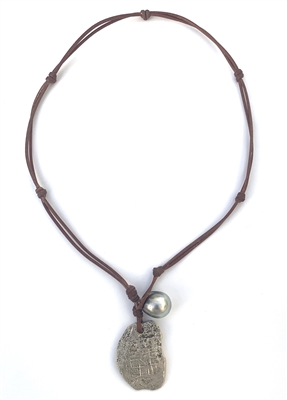 Fine Pearls and Leather Jewelry by Designer Wendy Mignot Concepcion Silver Shipwreck Coin, Tahitian Pearl Necklace