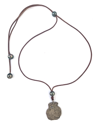 photo of Wendy Mignot Concepcion Silver Shipwreck Coin, Tahitian Pearl and Leather Adjustable Seagrove II Necklace