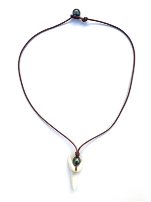 photo of Wendy Mignot Shark's Tooth and Tahitian Pearl and Leather Ryder Necklace
