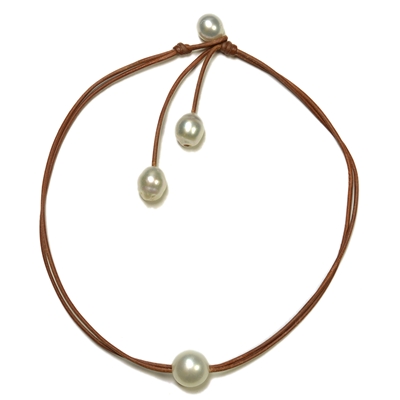Fine Pearls and Leather Jewelry by Designer Wendy Mignot Signature South Sea Necklace White