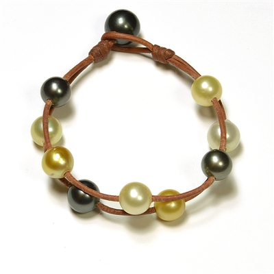 photo of Wendy Mignot Music Two Strand Tahitian Pearl and South Sea Pearl and Leather Mixed Bracelet