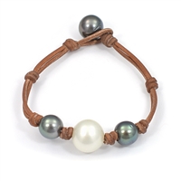 photo of Wendy Mignot Three South Sea White Pearl and Tahitian Pearl and Leather Bracelet