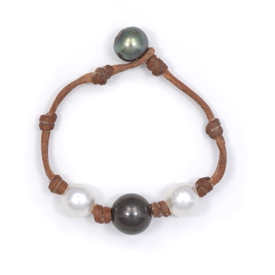 photo of Wendy Mignot Three South Sea White Pearl and Tahitian Pearl and Leather Bracelet 2