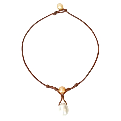 photo of Wendy Mignot Grove South Sea Gold Pearl and South Sea White Pearl and Leather Necklace