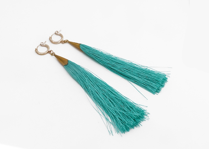 Custom Hoop Turquoise Silk Tassel Earrings