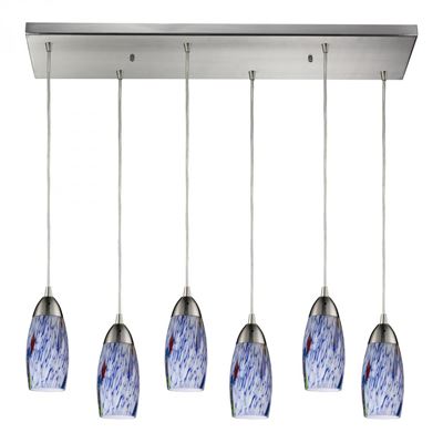 ELK Lighting Milan 6 Light Pendant In Satin Nickel And Starburst Blue Glass - 110-6RC-BL