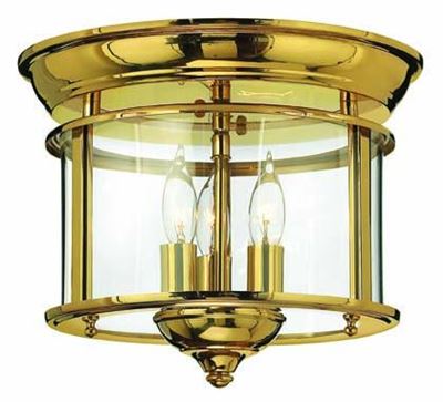 Hinkley Gentry Three Light Polished Brass Clear Bent-Glass Panels Drum Shade Flush Mount in Polished Brass Finish - 3473PB