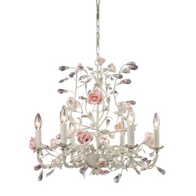 ELK Heritage 6 Light Chandelier In Cream With Pink Porcelain Accents - 8092/6