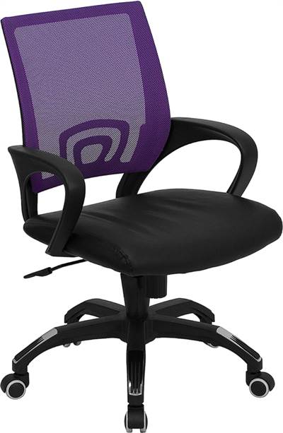Mid-Back Purple Mesh Swivel Task Chair with Black Leather Padded Seat