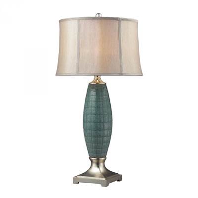 Dimond  Cumberland Ceramic Table Lamp In A Turquoise Glaze And Silver Leaf Finish. The Shade Is A Light Gray D2272