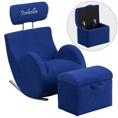 Personalized HERCULES Series Blue Fabric Rocking Chair with Storage Ottoman