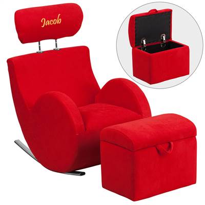 Personalized HERCULES Series Red Fabric Rocking Chair with Storage Ottoman
