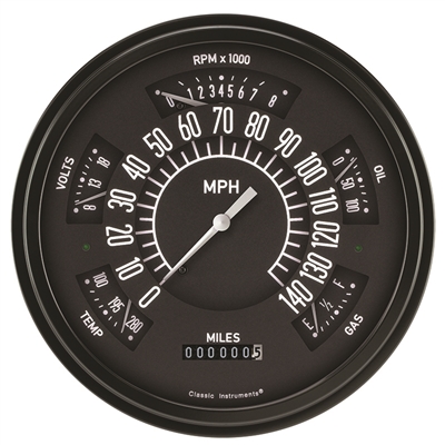 Chevy Car 1949-50 Black "ClassicLine" Six-Instrument (Speedometer, Tachometer, Fuel [0-30 ohm], Temperature, Voltage, and Oil) Package.