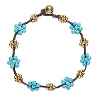 81stgeneration Women's Brass Gold Tone Simulated Turquoise Flower Bead Ankle Anklet Bracelet, 26 cm