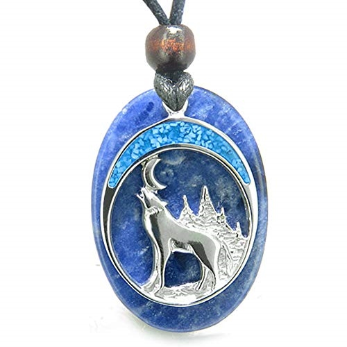 Howling Wolf Moon Good Luck Powers Sodalite Gemstone Pendant Necklace
