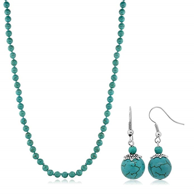 24 Inch Stunning Beads Simulated Turquoise Howlite Necklace and Earrings Set
