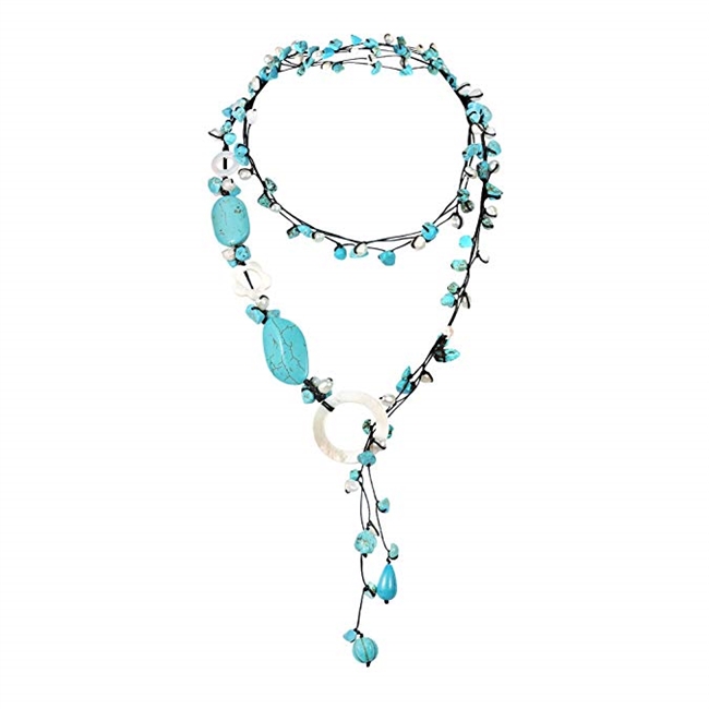 AeraVida Simulated Turquoise-Mother of Pearl-Cultured Freshwater Pearl Cotton Wax Rope Wrap Around Necklace