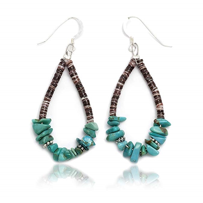 Silver Hooks Certified Navajo Native Turquoise Hoop Dangle Earrings 18082 Made By Loma Siiva