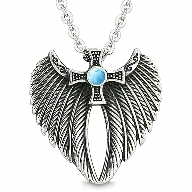 Angel Wings Celtic Viking Cross Magic Powers Amulet Simulated Turquoise Pendant 18 inch Necklace