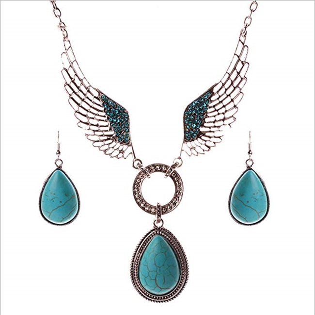 Vintage Tibetan Silver Pretty Ruond Turquoise Wings Pendant Necklace Earrings Jewelry Set