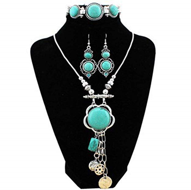XY Fancy Retro Craft Vintage Look Antique Silver Plated Snail Pendant Necklace Bracelet Earrings Real Turquoise Jewelry Sets