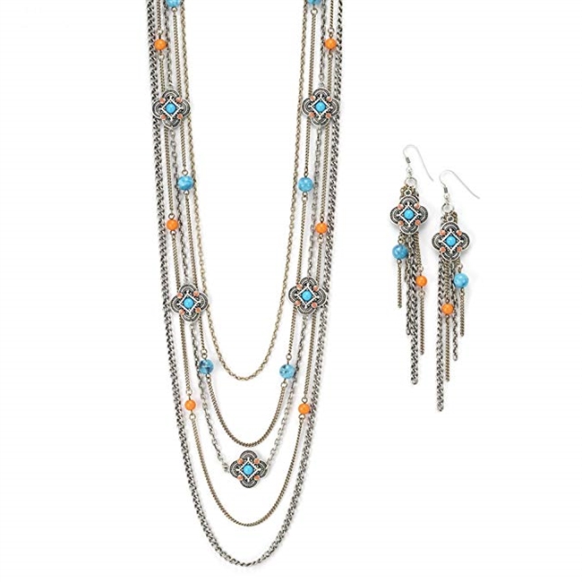 Womens Jewelry Long Silver Multi Chain Necklace Turquoise and Coral Bead Necklace (36" Long) and Earring (4" Long) Set