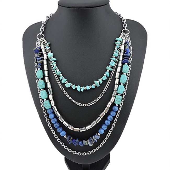 Bocar Personalized Layered Strands Turquoise Statement Chunky Necklace for Women Gifts