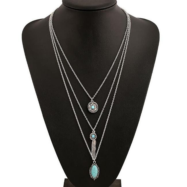 A&C Fashion Bohemia 3 Tier Necklace for Women. Unique Gypsy Girl Turquoise Necklace. (Silver)