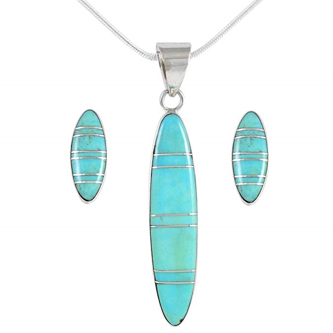 Sterling Silver Genuine Turquoise & Gemstones Matching Pendant & Earrings Set with 20" Necklace