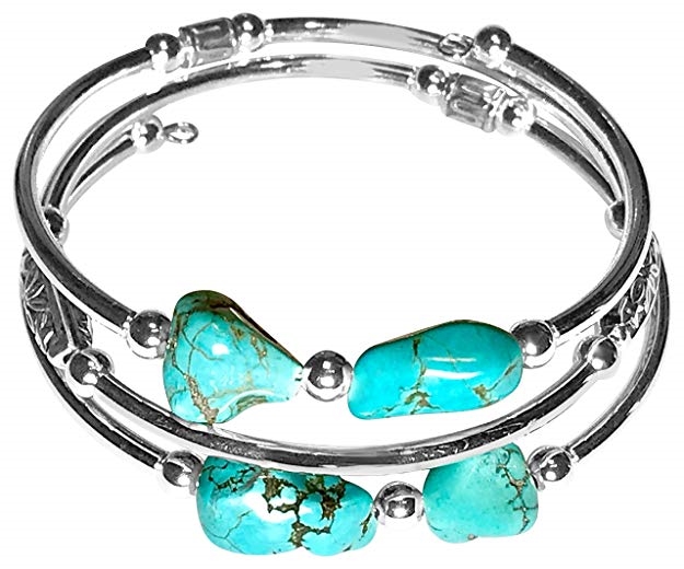 Sofia Luxe Handmade Stainless Steel and Stabilized Turquoise Wrap Around Memory Wire Bracelet Cuff Bangle