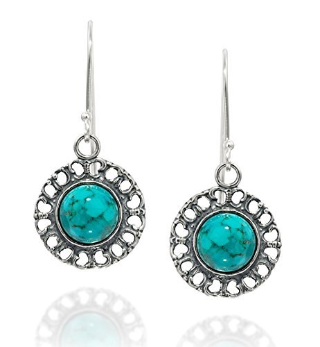 Graceful Women's Jewelry Round 925 Sterling Silver Reconstituted Turquoise Earrings with Filigree Hearts