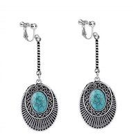 Usresu CLIP ON Earrings Vintage Oval Tassels Dangle Turquoise Silver Tone Plated Costume