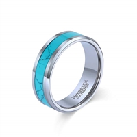 POYA 8mm Tungsten Wedding Band Turquoise Inlay Beveled Edges Comfort Fit