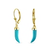 Italian Horn Lucky Tooth Amulet Enhanced Turquoise Leverback dangle Earrings For Women 14k Gold Plated Sterling Silver