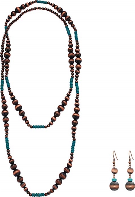 M&F Western Womens Copper & Turquoise Bead Necklace/Earrings Set