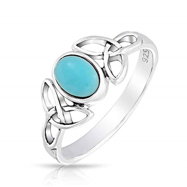 Celtic Trinity Knot Triquetra Ring For Teen Band Blue Stabilized Turquoise 925 Sterling Silver Ring Sizes 4 - 10
