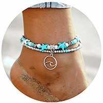 FineMe Star Fish Wave Anklets Multiple Layered Boho Gold Chain Anklet Heart Beach Rhinestones Turquoise Stone Charm Anklet