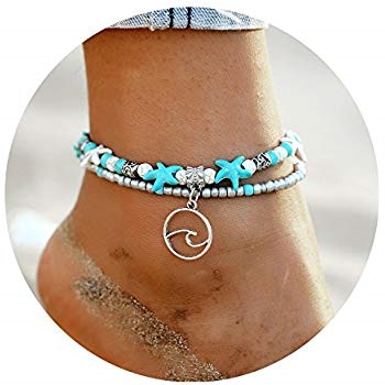 FineMe Star Fish Wave Anklets Multiple Layered Boho Gold Chain Anklet Heart Beach Rhinestones Turquoise Stone Charm Anklet
