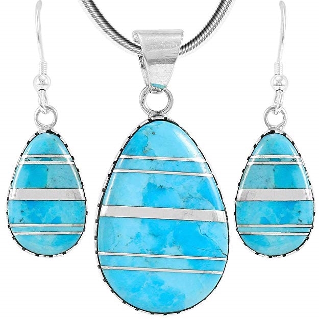 Sterling Silver with Genuine Turquoise Necklace & Earrings Set