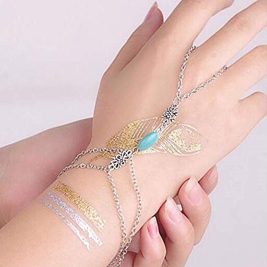 Yean Boho Turquoise Bracelet Flower Hand Harness Bangle Finger Rings for Women Girl Lady Gift