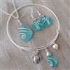 Handmade in Hawaii, Wire wrapped turquoise bay blue sea glass necklace + earrings + bracelet jewelry set, Sea turtle charm, Hawaiian Gift